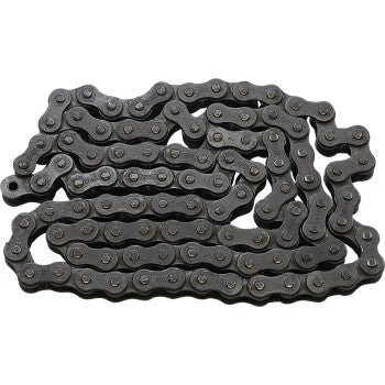 A close-up of a 420 Standard Non Sealed Chain (100 Links) by EK, with master link visible, arranged loosely coiled on a white background.