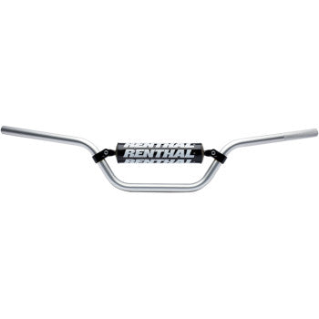 The Renthal ATV 7/8" Off Road Handlebar 781 Race Silver is made from aerospace aluminum alloy with a black and white Renthal pad at the center, designed for motorcycles or dirt bikes, and features a lightweight clamping system.