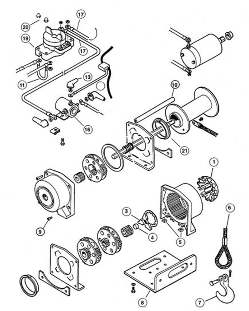 Exploded diagram of Warn Replacement Drum Bushing (2 pack) for Vantage, ProVantage, RT/XT, A2000, A2500, 2.5ci-4.0ci winches showing labeled parts like gears, motor, wires, screws, bolts, and mounting plates.