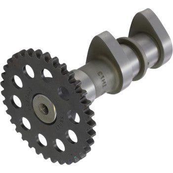 Metal camshaft with black gear wheel featuring circular holes and machined silver lobes.