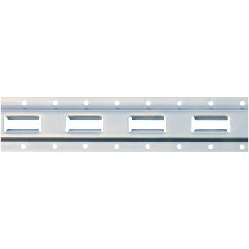 Close-up of Erickson Vertical E Track 4', a metal rail with anchor holes, rectangular slots, and evenly spaced circular holes along its length. Rated 6000lb capacity, it's used for shelving or structural support.