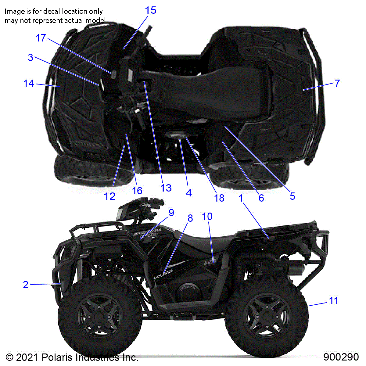 An Image of a Genuine Polaris Parts Schematic Diagram showing the schematic - BODY: DECALS - 2021 POLARIS SPORTSMAN 570 SP TRAIL