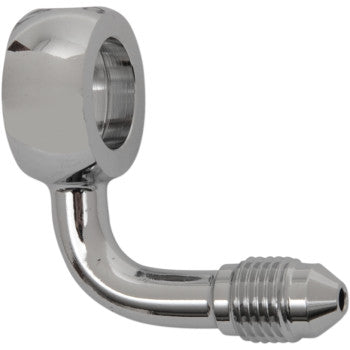 The Banjo Fitting 12 mm AN3 90° Chrome by Magnum Shielding is a shiny metal fitting with a large hollow round end and a threaded male end for connecting to AN-3 fittings or universal banjos on hoses or pipes.