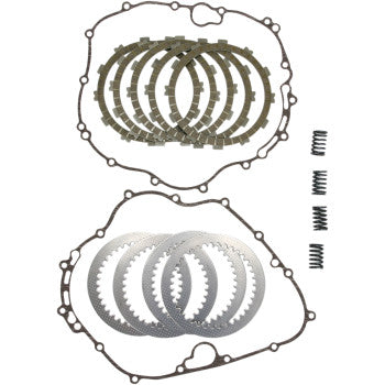 The Complete Clutch Kit by Vesrah includes clutch discs, friction plates, steel plates, clutch springs, and two engine gaskets, all neatly arranged on a white background.