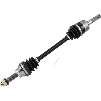 Black metal CV axle shaft with rubber protective boots and silver metal joints on both ends.