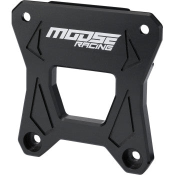 The black, rectangular Radius Rod Plate by Moose Offroad features four mounting holes, angular grooves, a central cutout, and a white MOOSE RACING logo at the top—perfect as an OEM replacement for your vehicle.
