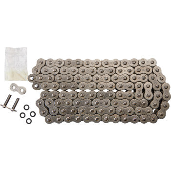 The 530 X1R Heavy Duty Drive Chain 110 Links by JT Chains is displayed flat on a white background, with two bolts, four washers, and a small plastic packet arranged beside it.
