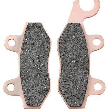 Pair of copper backing sintered brake pads with dark gray friction material and mounting holes.