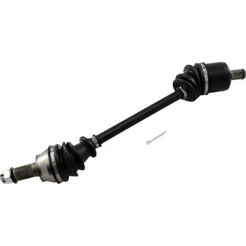 Black metal CV axle shaft with rubber boots on both ends and a small metal pin nearby.