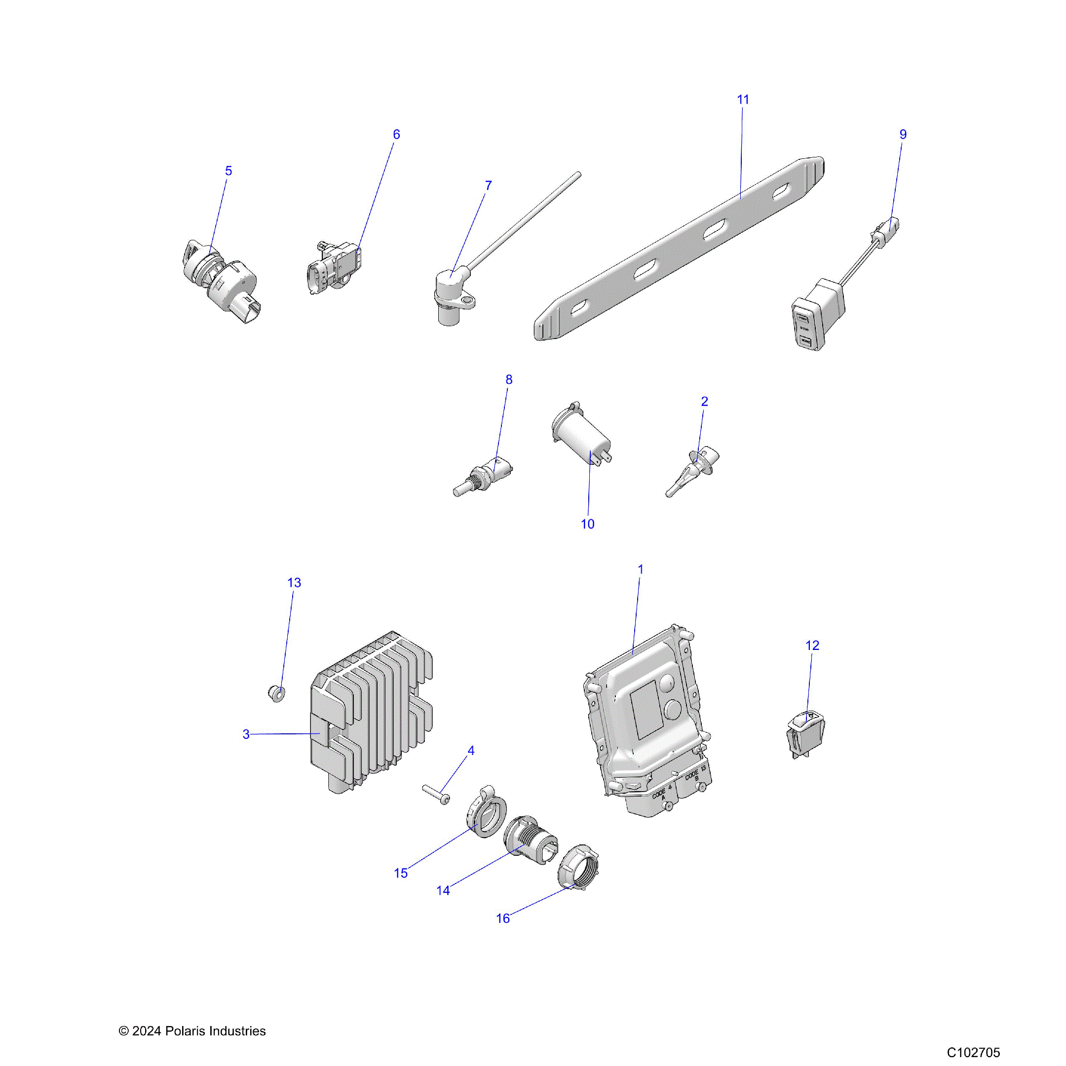 An Image of a Genuine Polaris Parts Schematic Diagram showing the schematic - ELECTRICAL: SWITCHES SENSORS ECU and CONTROL MODULES - 2025 POLARIS SPORTSMAN XP 1000 HUNTER EDITION
