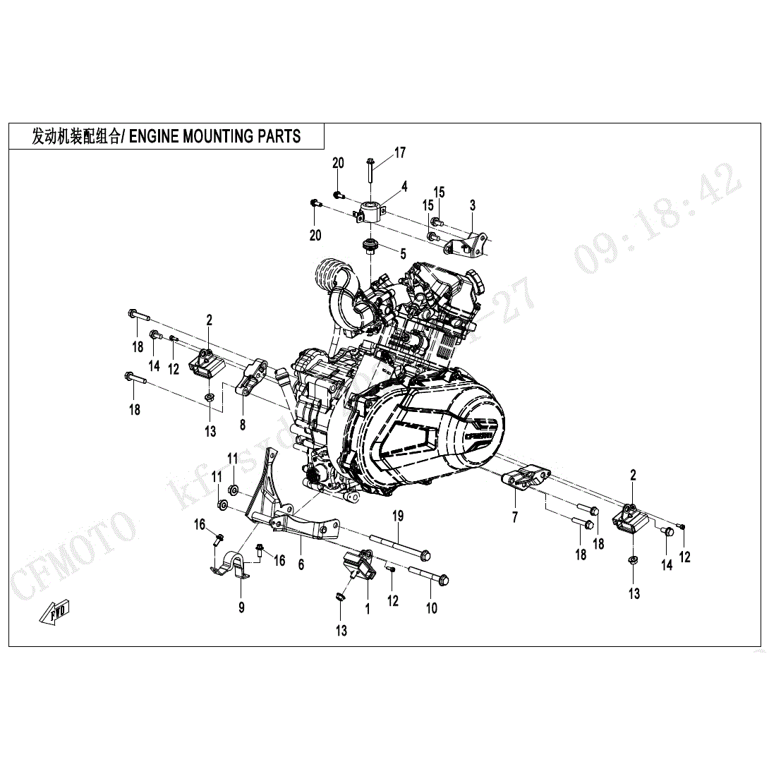 An Image of a Genuine CFMOTO Parts Schematic Diagram showing the schematic - ENGINE MOUNTING PARTS - 2024 CFMOTO UFORCE 600