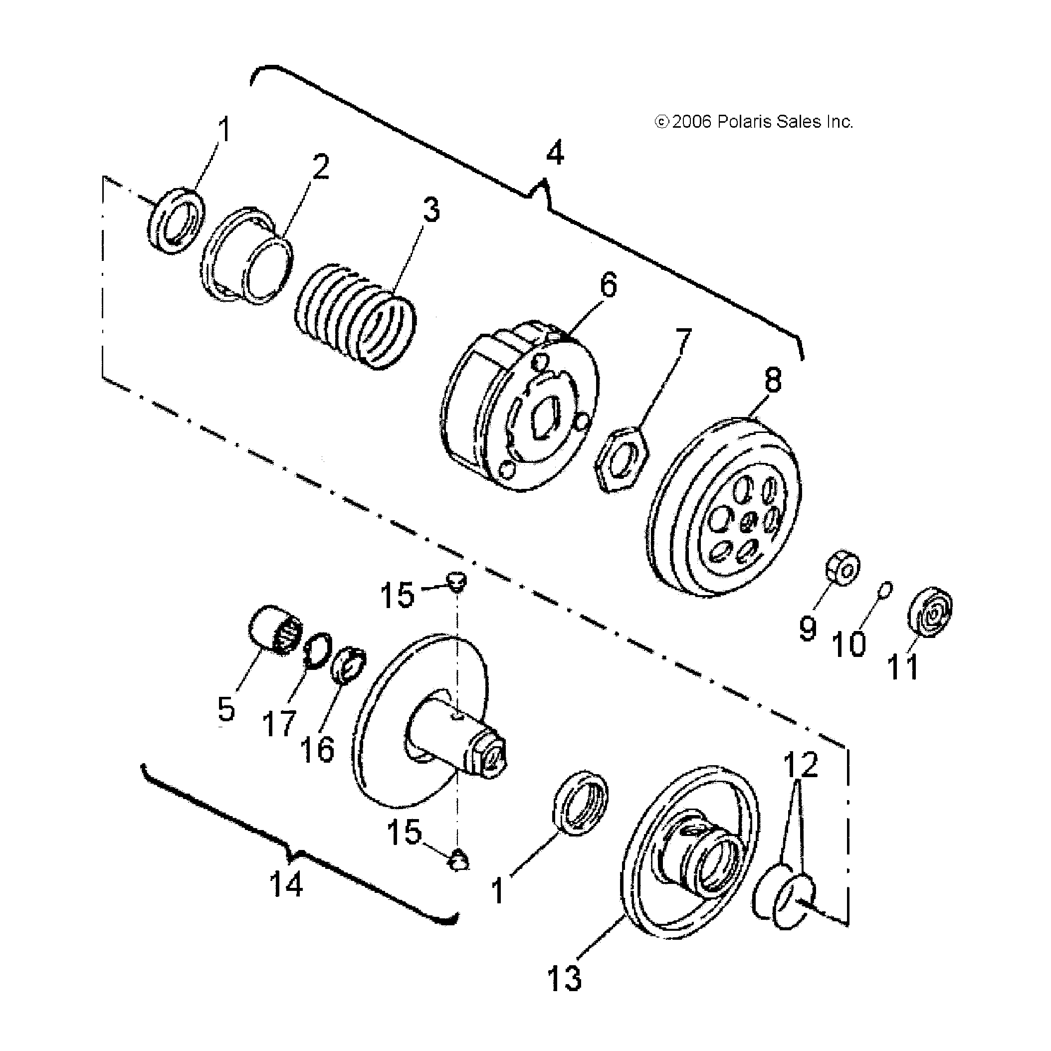 An Image of a Genuine Polaris Parts Schematic Diagram showing the schematic - DRIVE TRAIN: SECONDARY CLUTCH - 2017 POLARIS OUTLAW 50