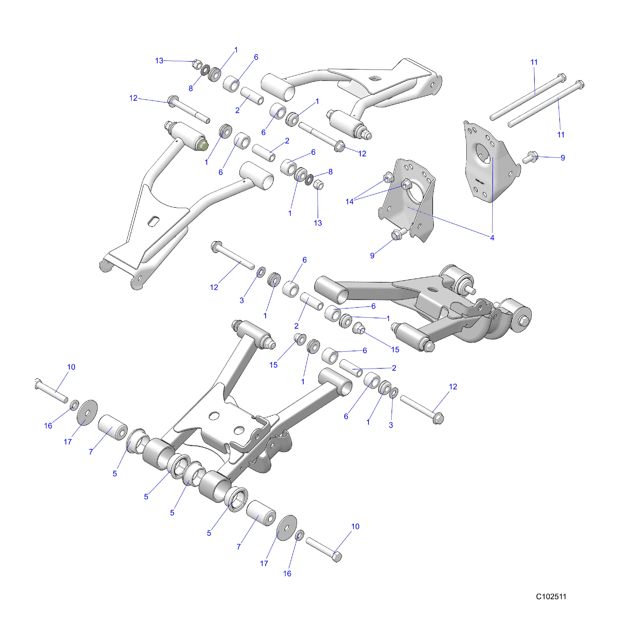 An Image of a Genuine Polaris Parts Schematic Diagram showing the schematic - SUSPENSION: REAR CONTROL ARM MOUNTING - 2025 POLARIS SPORTSMAN TOURING 570 X2 EPS