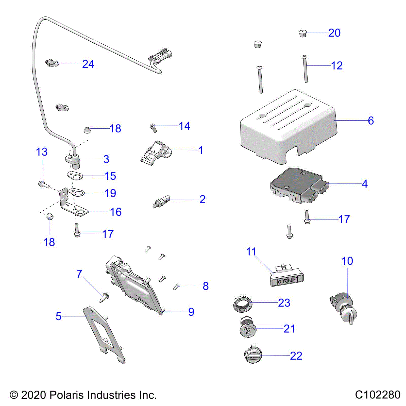 An Image of a Genuine Polaris Parts Schematic Diagram showing the schematic - ELECTRICAL: SENSORS MODULES and SWITCHES - 2021 POLARIS ACE 150 EFI