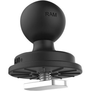 Black spherical track ball mount with T bolt attachment and sturdy base plate by Ram Mounts.