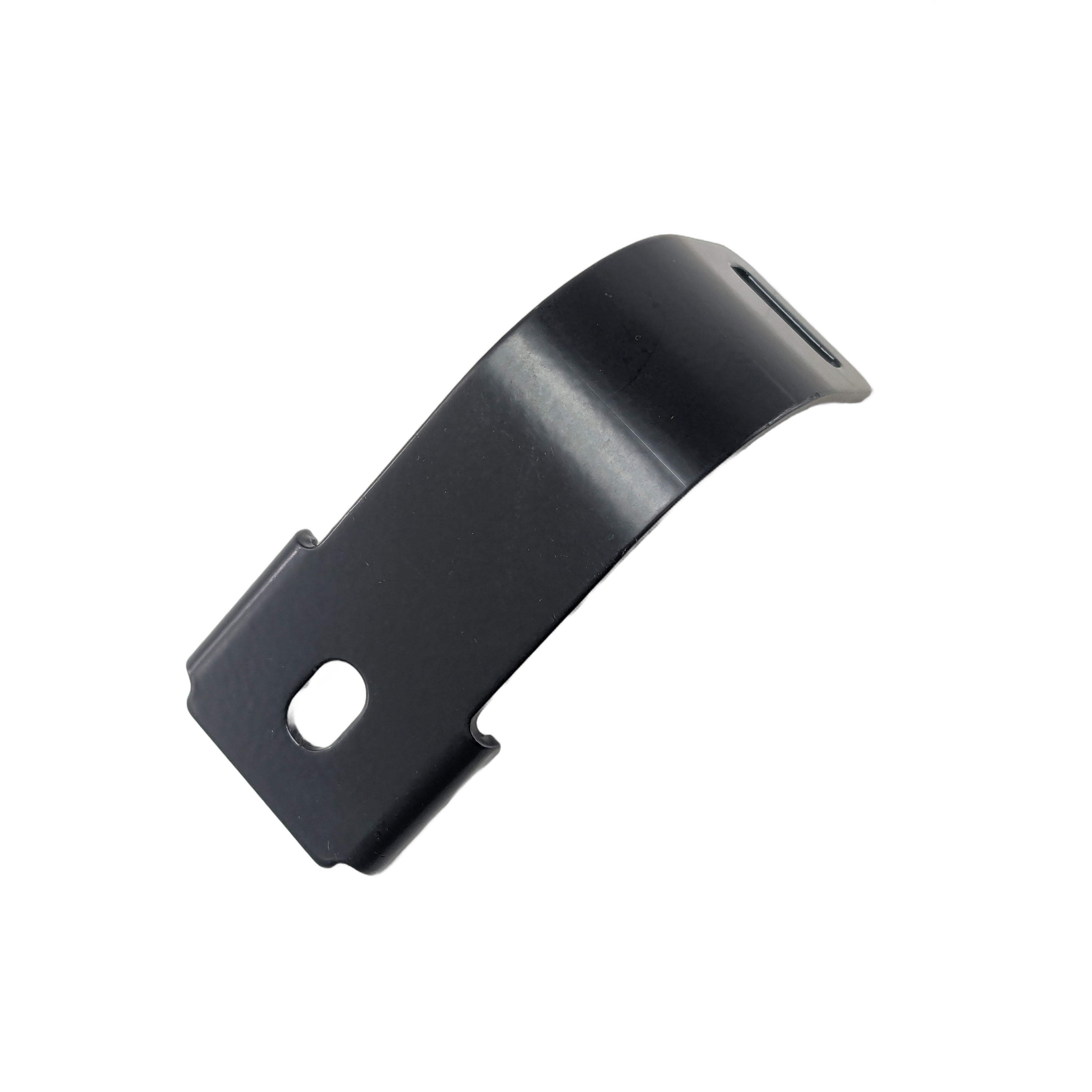 Black metal bracket with curved shape and a rectangular mounting hole for windshield attachment.