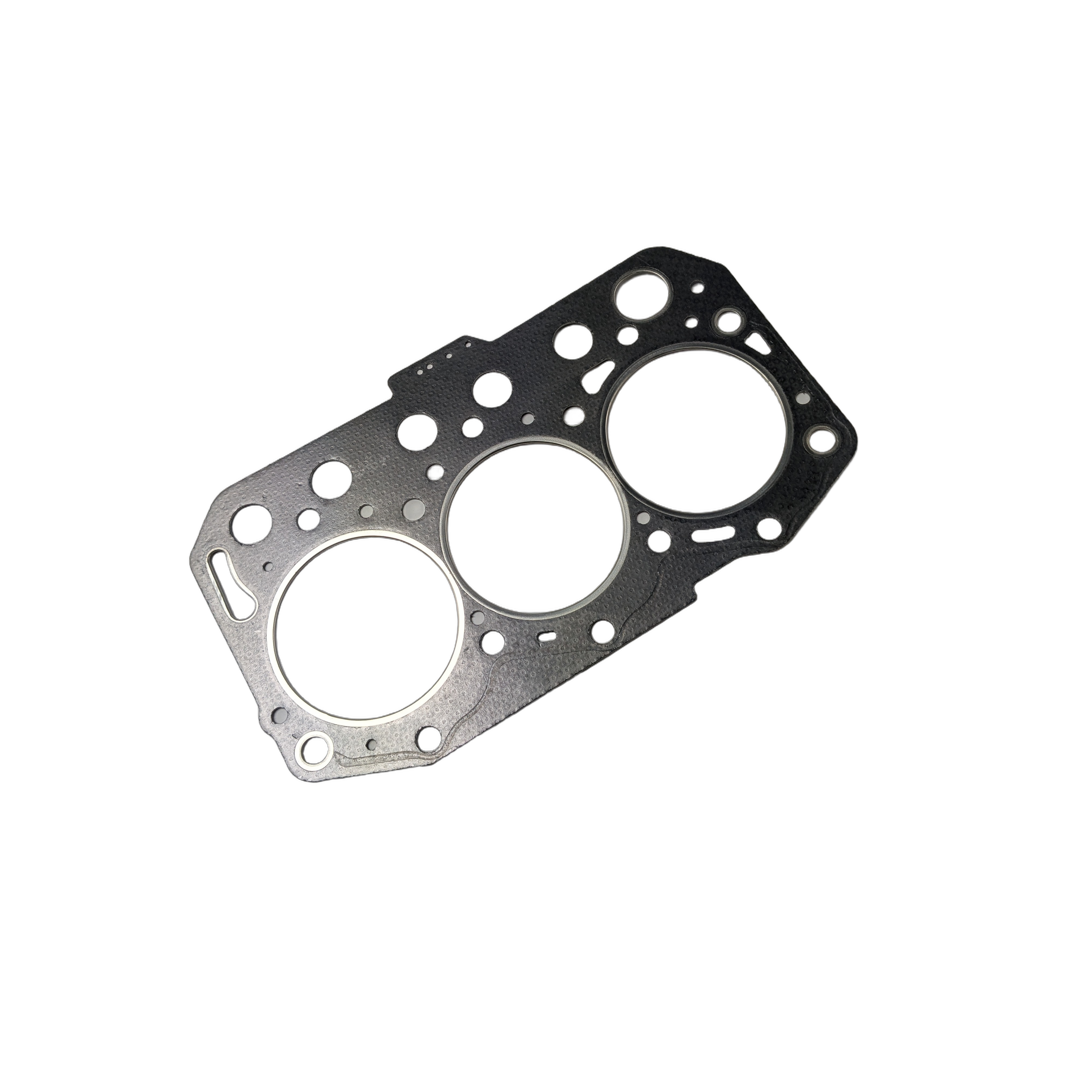 Metallic engine head gasket with multiple circular and irregular holes for Kawasaki UTV models.