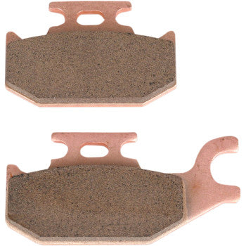 The SV Severe Duty Brake Pads by Ebc feature two metallic pads with copper-colored backing, one with a hooked tab and one with a rectangular top cutout, ensuring ultra-long pad life—perfect for bicycles or motorcycles.
