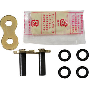 Gold metal master link plate, black rivets, four black O-rings, and red-printed clear packaging pouch.