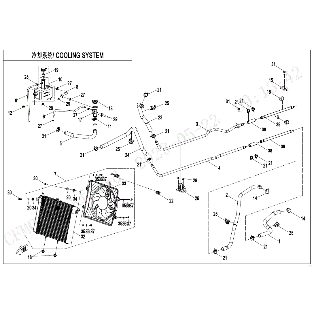 An Image of a Genuine CFMOTO Parts Schematic Diagram showing the schematic - COOLING SYSTEM - 2024 CFMOTO ZFORCE 950