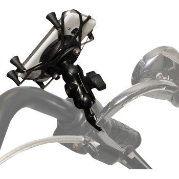 A Phone Mount - Handlebar - Hex-Grip by Saddle Tramp in black securely holds a smartphone with flexible bands, attached to a bicycle’s handlebars; the brake lever and handlebar are also visible.