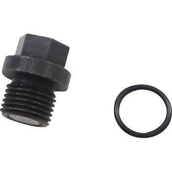 The Front Differential Drain Plug and O-Ring by Quad Logic, featuring a metal hexagonal plug with a threaded shaft and a black rubber O-ring, is shown on a white background.