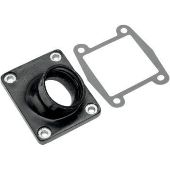 The Yamaha Intake Manifold 34 mm 35 mm by Moose Offroad is a black, square metal carburetor flange with a central circular opening and four corner bolt holes, plus a matching gasket—engineered for better airflow and increased horsepower.