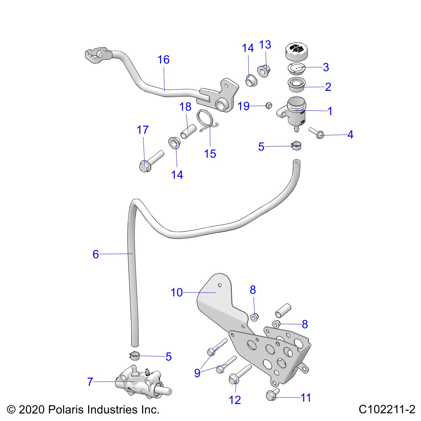 An Image of a Genuine Polaris Parts Schematic Diagram showing the schematic - BRAKES: BRAKE PEDAL and MASTER CYLINDER - 2021 POLARIS SPORTSMAN XP 1000 HIGH LIFTER