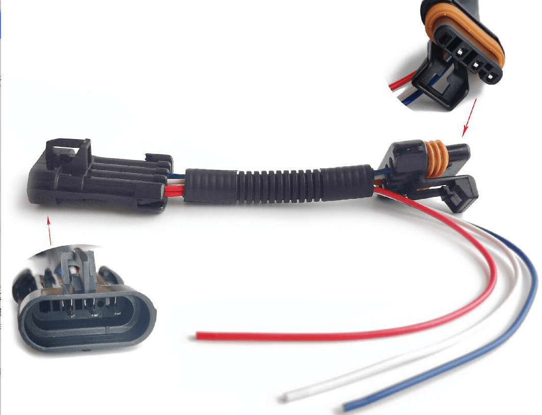 A close-up of the Tail Light Harness Power Out by Open Trail, featuring a black brake wire harness with a plastic connector and four exposed wires (red, blue, white, and black), plus insets showing detailed connector ends.