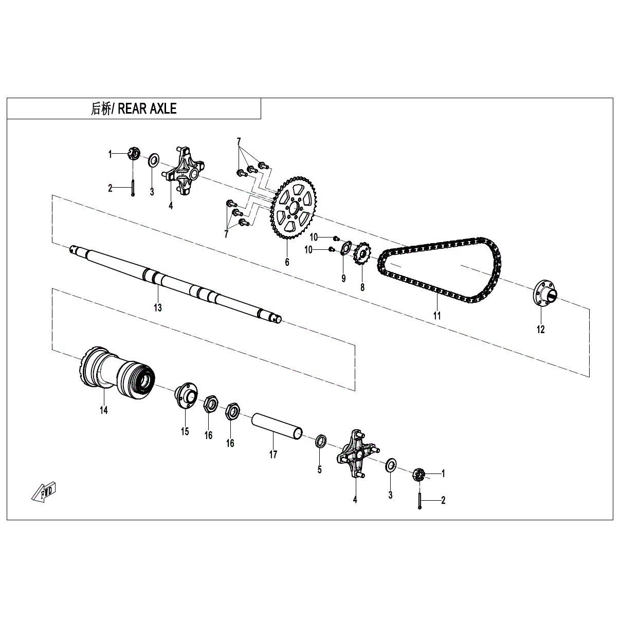 An Image of a genuine CFMOTO Parts Schematic Diagram showing the group - REAR AXLE - 2024 CFMOTO CFORCE EV110