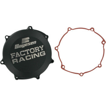 The Yamaha Clutch Cover Black by Boyesen and a red gasket are shown side by side on a white background, engineered for race performance.
