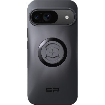 The SPC+ Phone Case Google Pixel 9 by Sp Connect is a sleek dark gray case featuring a built-in circular magnetic ring for MagSafe compatible wireless charging and an SP logo at the bottom, with space for the phone’s dual-lens camera and flash at the top left.