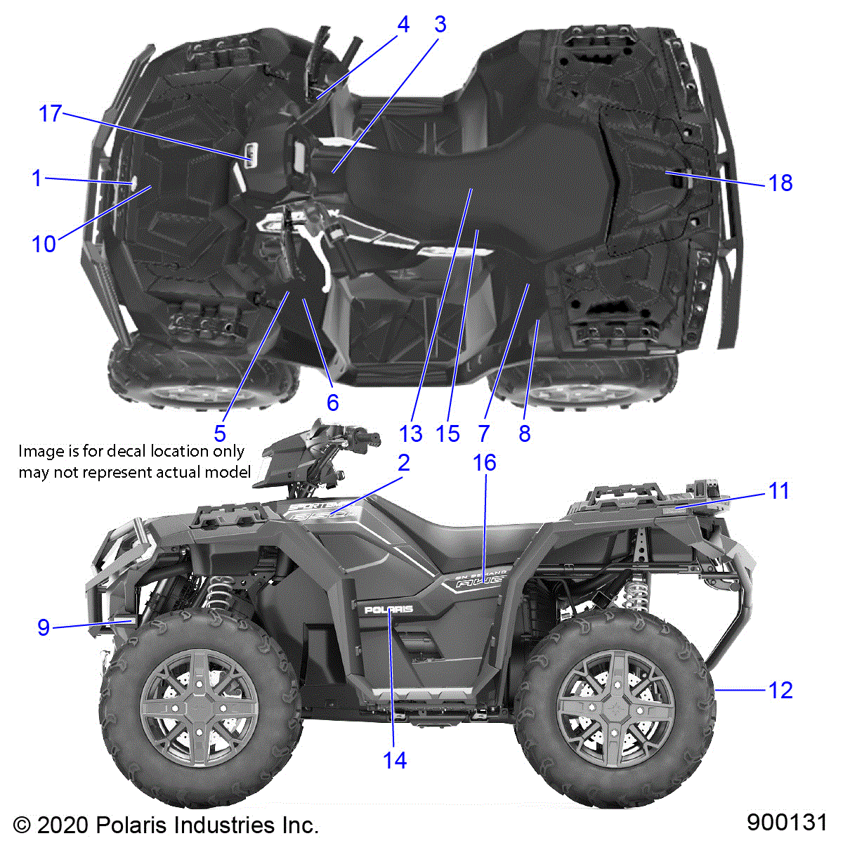 An Image of a Genuine Polaris Parts Schematic Diagram showing the schematic - BODY: DECALS - 2022 POLARIS SPORTSMAN XP 1000 48" TRAIL