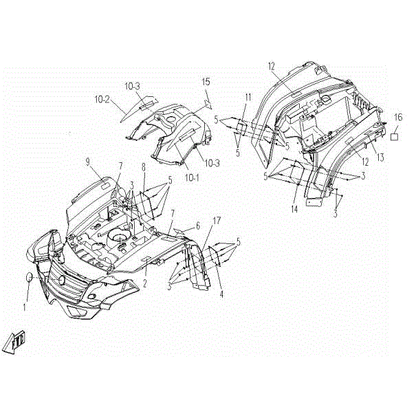 An Image of a genuine CFMOTO Parts Schematic Diagram showing the group - STICKERS - 2015 CFMOTO CFORCE 500 SWB