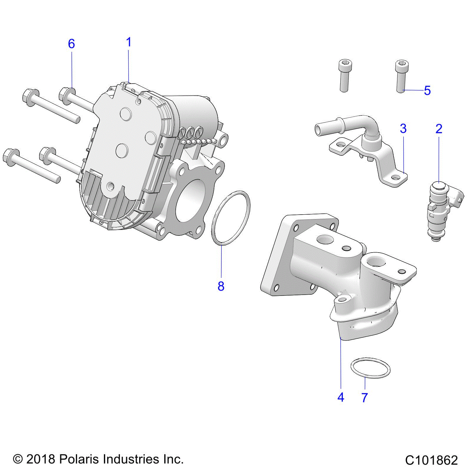 An Image of a Genuine Polaris Parts Schematic Diagram showing the schematic - ENGINE: THROTTLE BODY and FUEL RAIL - 2019 POLARIS ACE 150 EFI INDY