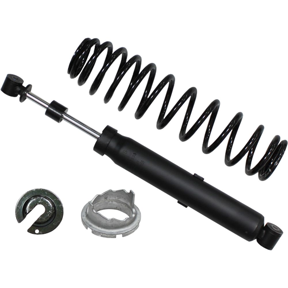 A Polaris Scrambler/Sportsman UTV/ATV Rear Gas Shock by Bronco, coiled suspension spring, and two metal mounts are displayed on a white background. Shop for quality parts like these at Witchdoctors.com.