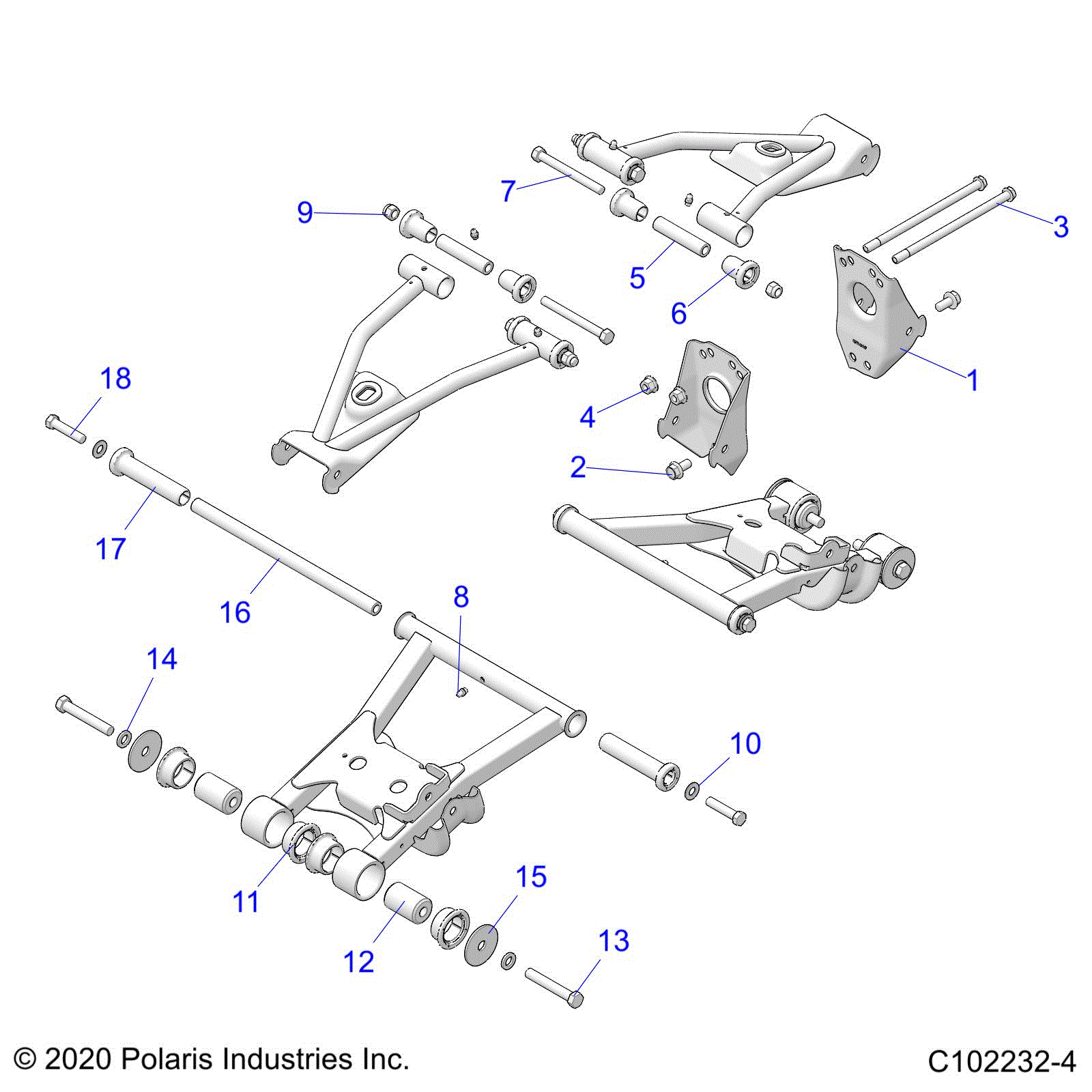 An Image of a Genuine Polaris Parts Schematic Diagram showing the schematic - SUSPENSION: REAR CONTROL ARM MOUNTING - 2024 POLARIS SPORTSMAN TOURING 570 EPS