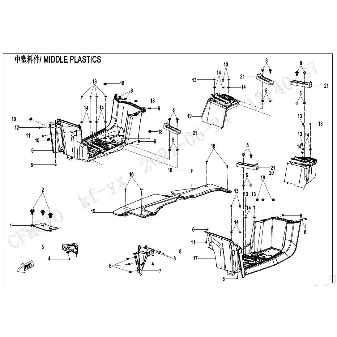 An Image of a genuine CFMOTO Parts Schematic Diagram showing the group - MIDDLE PLASTICS(WITHOUT GEARSHIFT LOCK) - 2024 CFMOTO CFORCE 600 TOURING