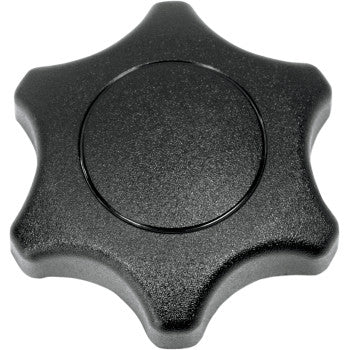 The Can-Am Gas Cap Non Vented Ski Doo by Epi is a black, six-pointed star-shaped plastic cap with a textured surface and circular center, ideal as an OE replacement for machinery or equipment handles.