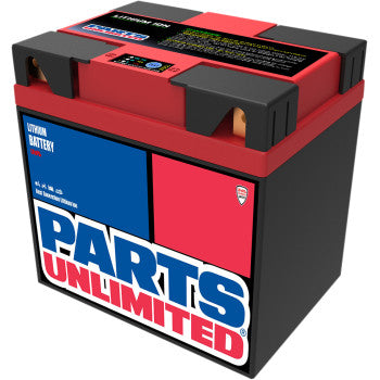 Compact rectangular lithium-ion battery with red and black casing and bold Parts Unlimited logo in blue and red on a white.