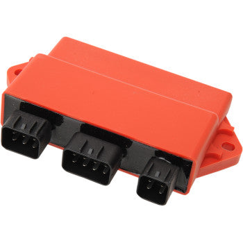 The Yamaha Hot Shot CDI Box by Ricks Motorsport Electric is a red rectangular module with three black connectors and side mounting tabs, designed for ATV use to optimize the ignition advance curve, shown on a white background.