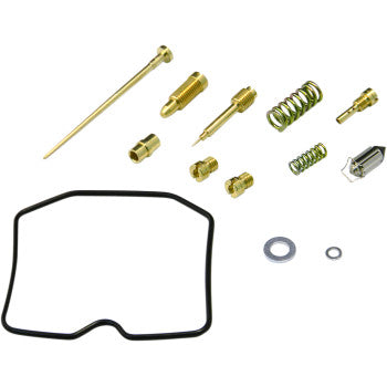 Suzuki Carburetor Repair Kit by Shindy, featuring jet needle sets, brass jets, screws, springs, washers, float valves, and a black rubber gasket, displayed on a white background.