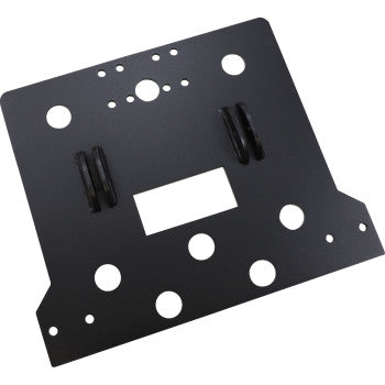 The Kawasaki ATV Plow Mount by Moose Offroad is a durable black metal bracket with multiple cutouts and notches, designed for secure and heavy-duty plow mounting on your ATV.