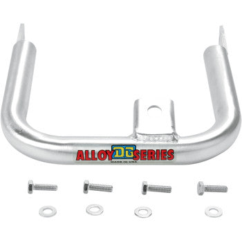 The Kawasaki KFX Fat Grab Bar by DG Performance is a silver U-shaped metal bracket for ATV aluminum tubing, featuring a central mounting hole and includes four screws with washers arranged below.