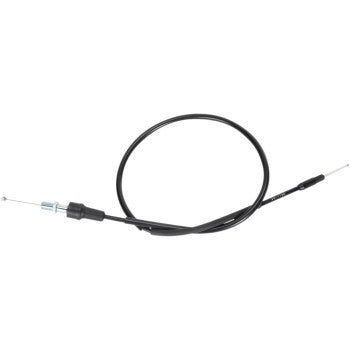The Yamaha Black Vinyl Throttle Cable 33 3/4" by Moose Offroad features a black PVC jacket, metal ends, and a pre-lubricated nylon sleeve, shown coiled in a loose loop against a white background.