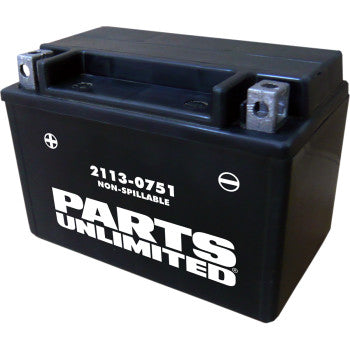A black rectangular Parts Unlimited AGM Battery YTX9 with top metal terminals, labeled 2113-0751 NON-SPILLABLE and large PARTS UNLIMITED text on the front—a high performance, maintenance-free absorbed-glass mat battery.