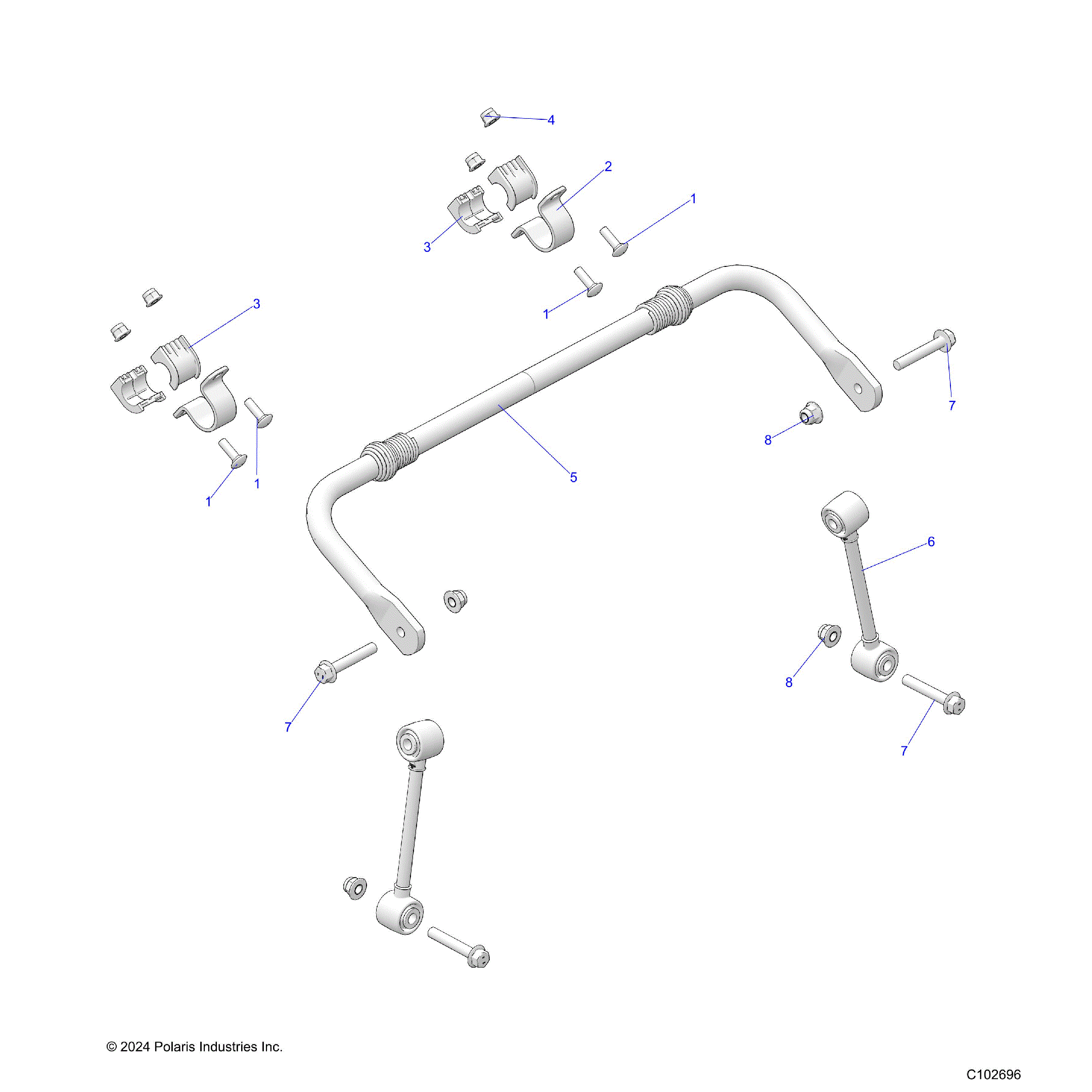 An Image of a Genuine Polaris Parts Schematic Diagram showing the schematic - SUSPENSION: STABILIZER BAR - 2025 POLARIS SPORTSMAN XP 1000 HUNTER EDITION