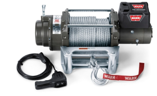 12000lb M12 12V Heavy Weight Winch by WARN - 17801 - Winch Motor Front Top Angled View with Control Switch
