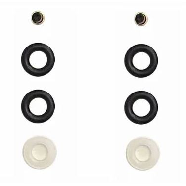 Polaris fuel injector rebuild kit with black rubber O-rings and white pintle caps, arranged in rows.