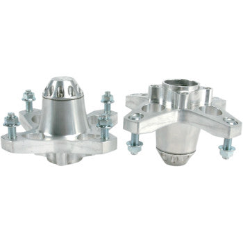 Two Yamaha Banshee Wheel Hub Fronts by Lone Star Racing are shown side by side. Made from billet with flanges, holes, and integrated bearings, these lightweight hubs offer weight savings over standard OEM steel versions for automotive or machinery use.